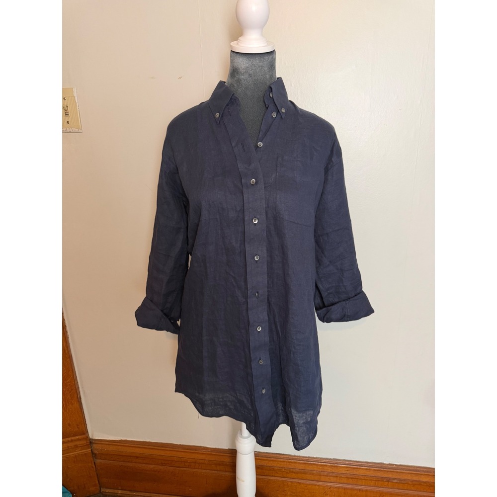 Claridge + King Navy 100% Linen Button Down Shirt XS tunic Lagenlook euro summer